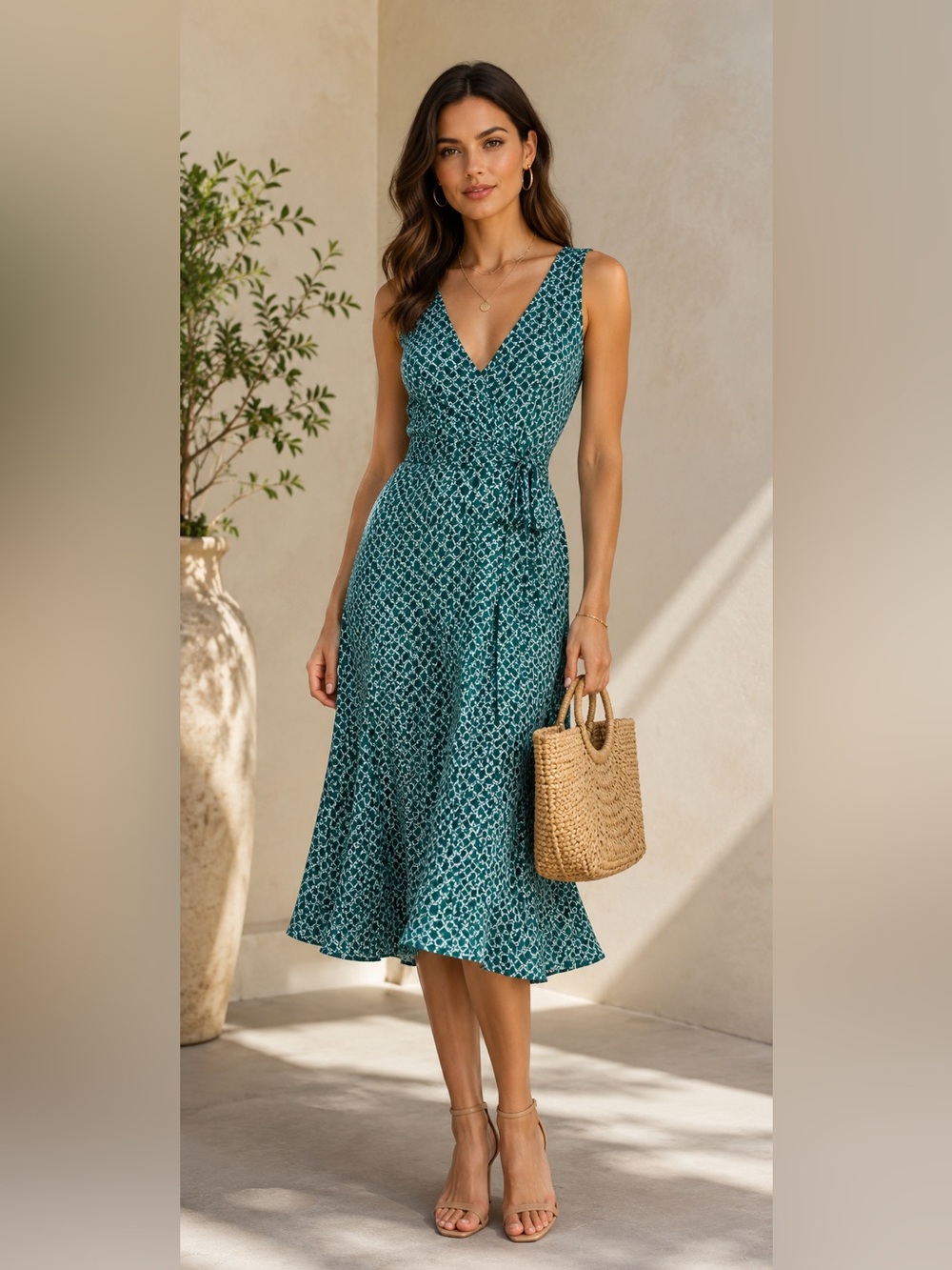 H&M Teal Geometric Print Sleeveless Midi Dress Tie‎ Waist Size Small
